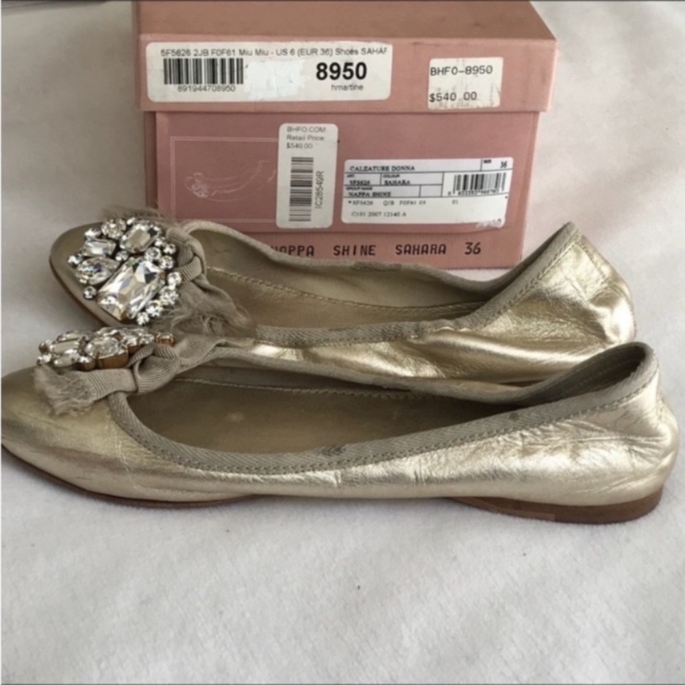 Miu Miu Sahara Gold Crystal Embellishments ballet flats Shoes SZ 5.5 - Picture 3 of 7